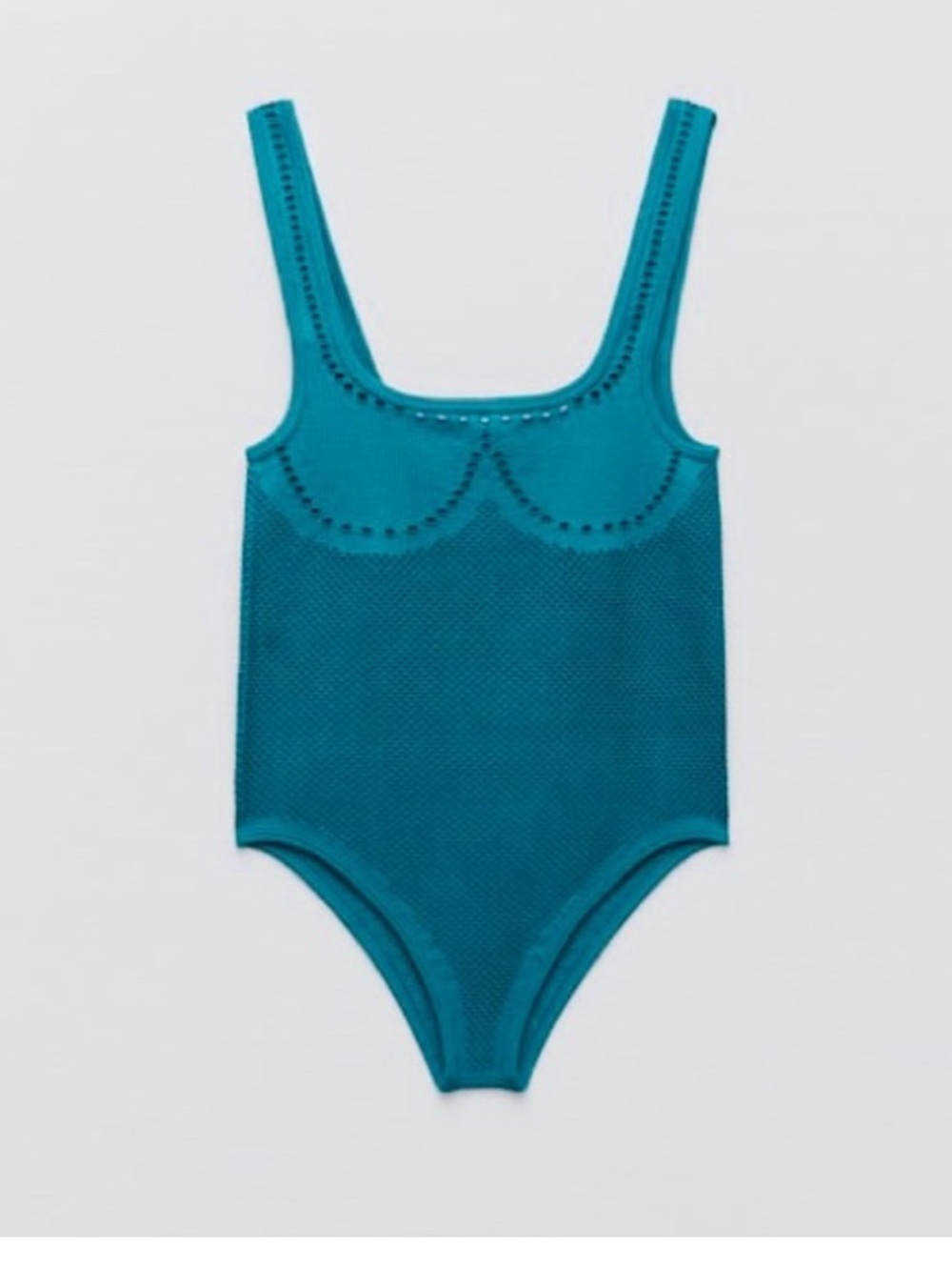 Zara Teal Women Bodysuit One Piece Mesh design spandex fabric V shaped bottom